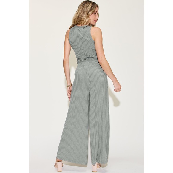 BASIC BAE Heather Gray Two Piece Ribbe Wide Leg and Tank Outift Set NEW - Picture 4 of 6
